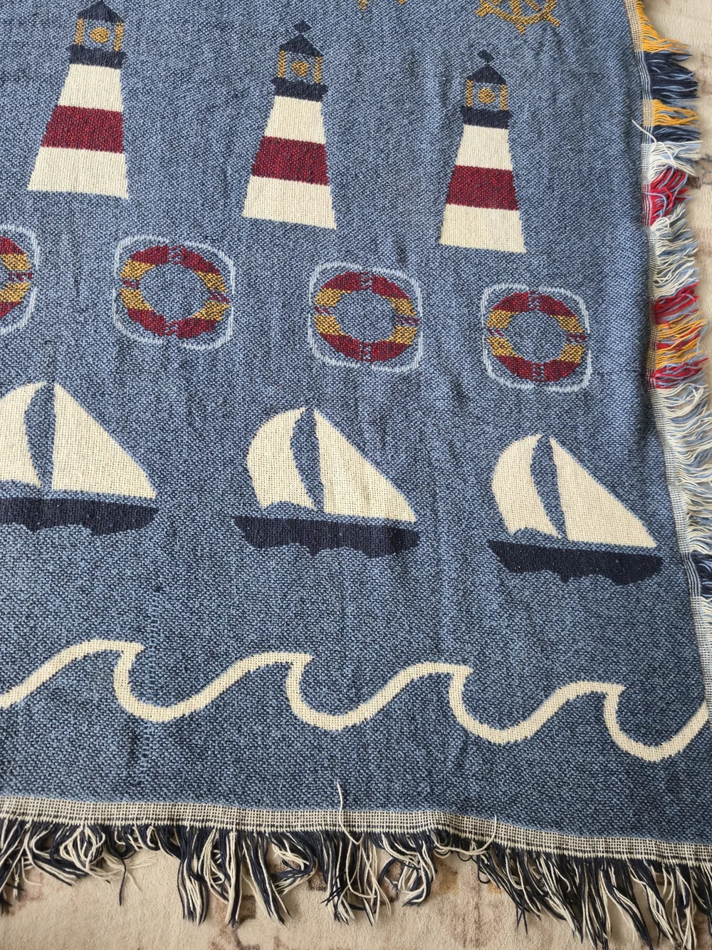 Vintage Nautical Woven Tapestry Throw Blanket 60x47 Coastal Beach Seaside Fringe